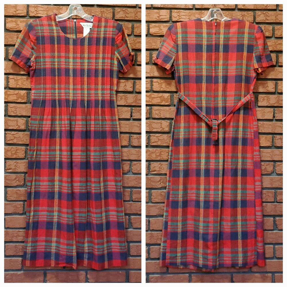 Vintage Plaid Linen Blend Midi Dress Size 8 Red Tartan Cottagecore Farmhouse